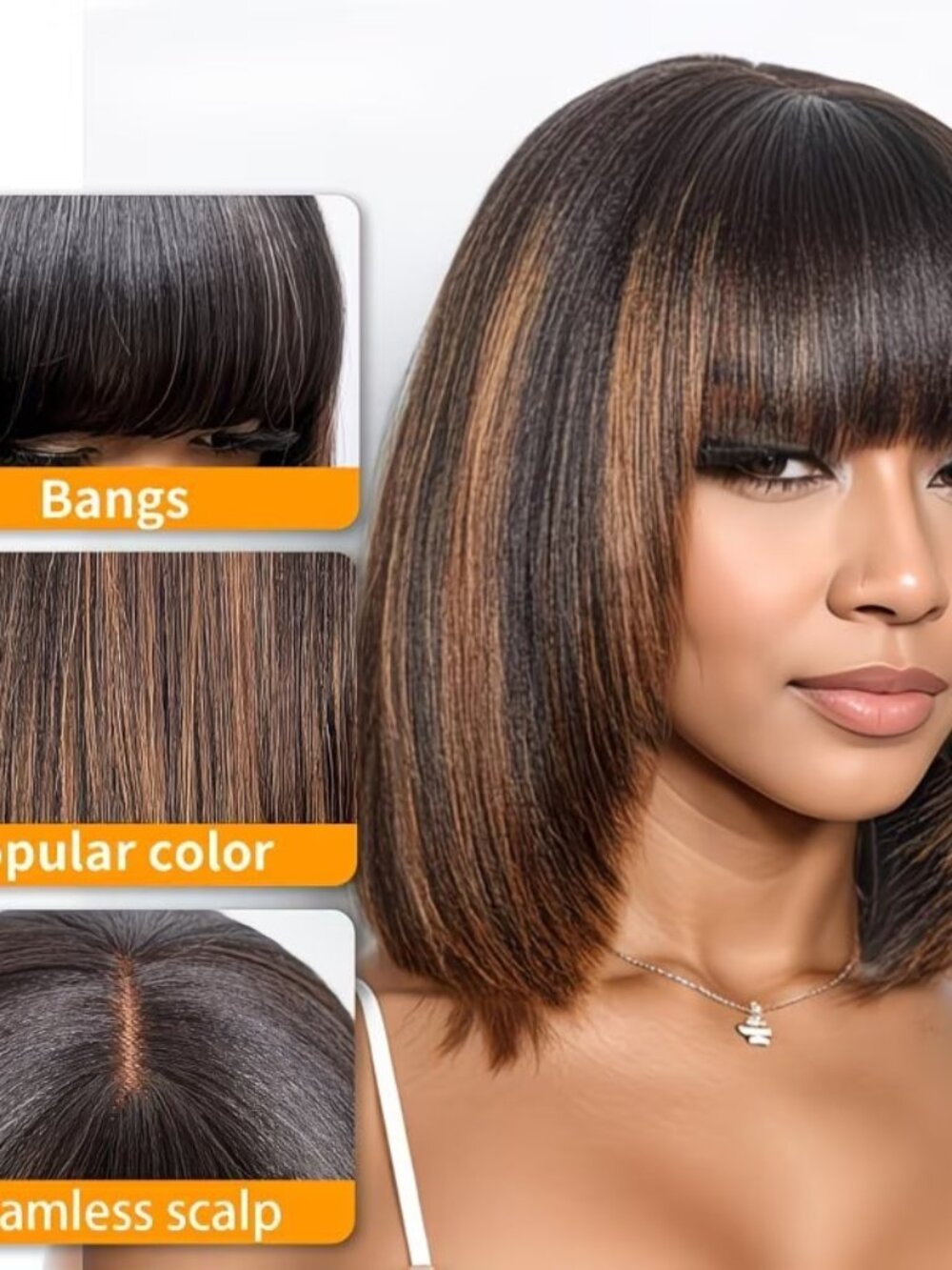 Short HD Lace Synthetic Wig Glueless Wear, with Bangs & Brown Highlights - Picture 4 of 6